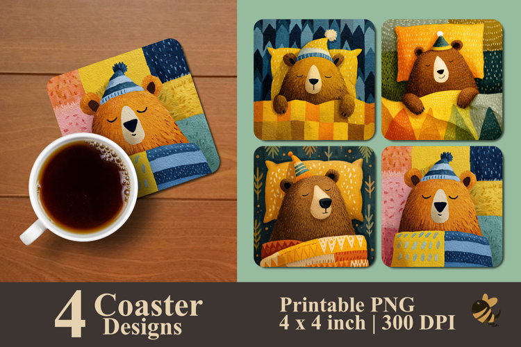 Adorable Brown Bear Sleep Coaster Sublimation Design
