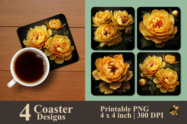 Realistic Yellow Peony Flower Coaster Sublimation Design