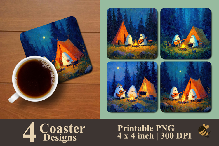 Camping Ghost Painting Coaster Sublimation Design