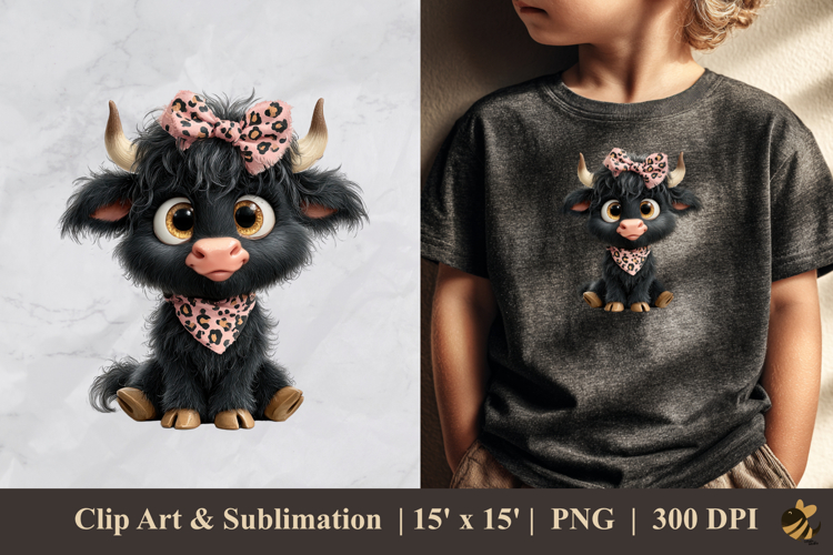 Adorable Black Highland Cow DTF Sublimation Clipart Design 1