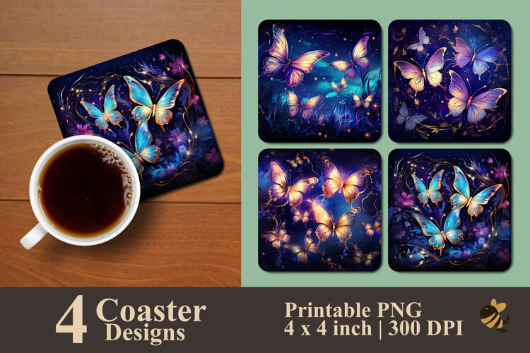 Electric Midnight Butterflies Coaster Sublimation Design example image 1