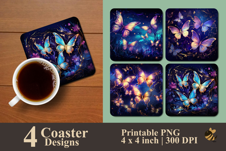 Electric Midnight Butterflies Coaster Sublimation Design
