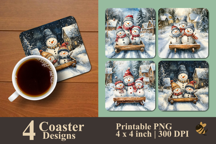Snowman Family Sled Ride Coaster Sublimation Design