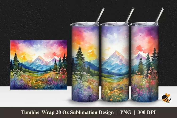 Watercolor Mountain View Tumbler Wrap Sublimation Design 1