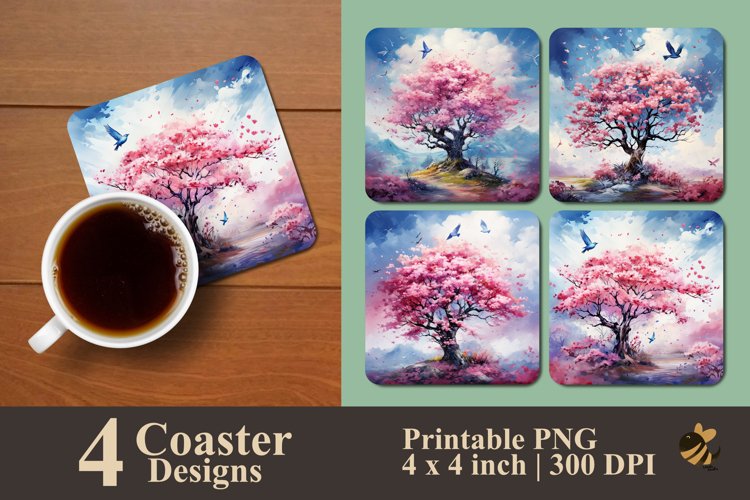 Sakura And Bird Coaster Sublimation Designs example image 1