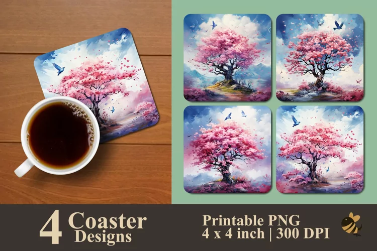 Sakura And Bird Coaster Sublimation Designs