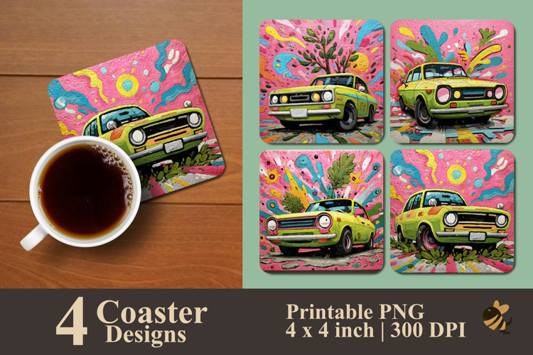 Retro Car Brush And Chalk Art Coaster Sublimation Design