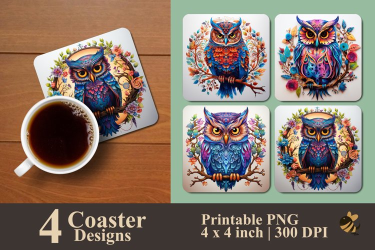 Colorful Owl Plants Coaster Sublimation Designs