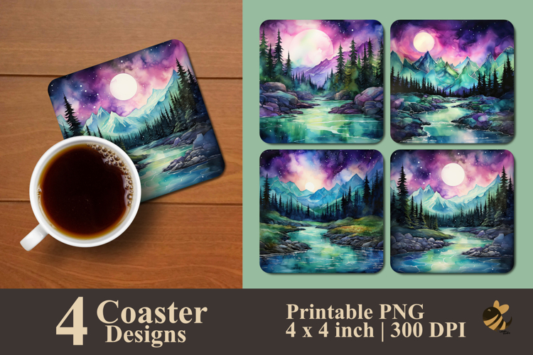 Ethereal Aurora Over The Wilds Coaster Sublimation Design