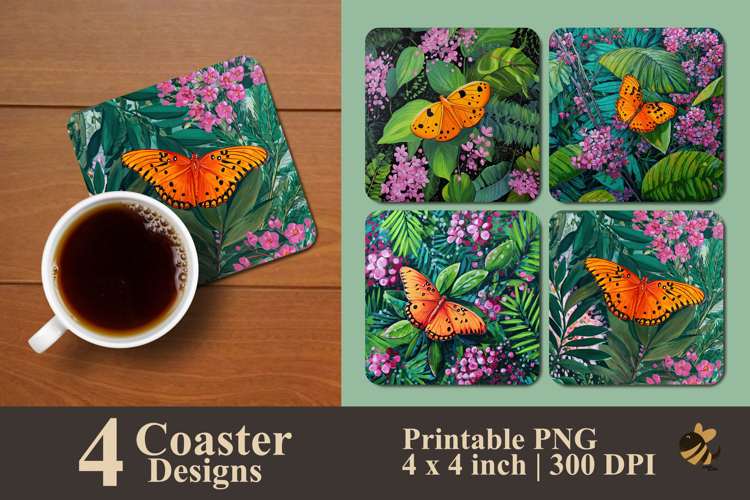 Painting Butterfly And Flower Coaster Sublimation Design