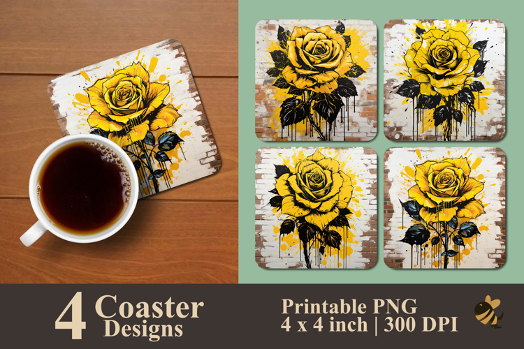 Handdrawn Yellow Rose Coaster Sublimation Design