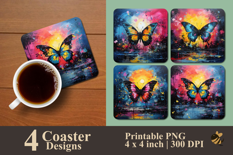 Colorful Butterfly Painting Coaster Sublimation Design