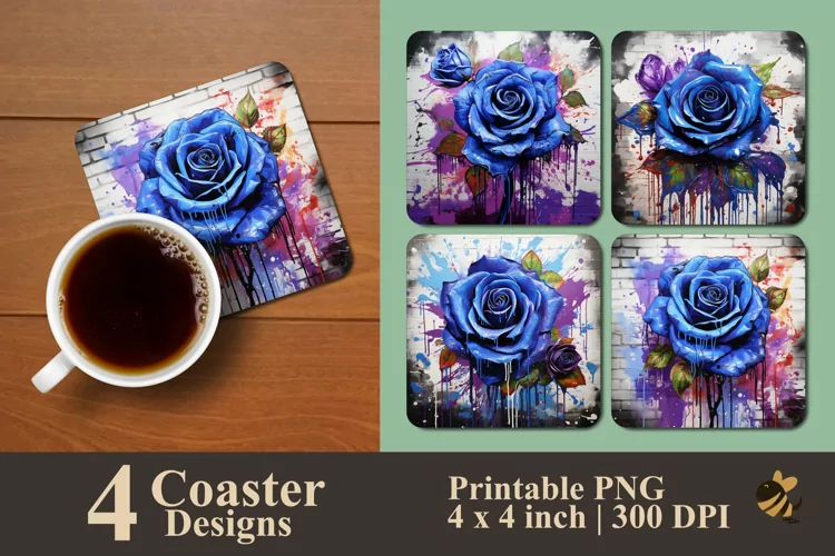 Beauty Blue Rose Coaster Sublimation Designs