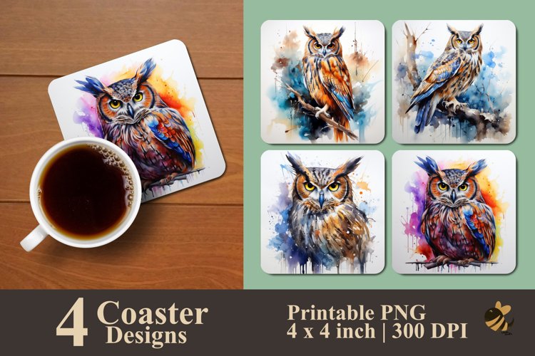 Owl Watercolor Coaster Sublimation Designs example image 1