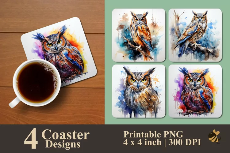 Owl Watercolor Coaster Sublimation Designs