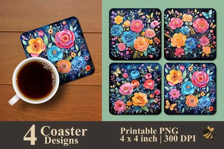 Insect And Colorful Floral Coaster Sublimation Designs