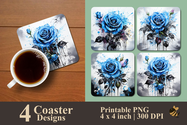 Black Blue Rose Coaster Sublimation Design