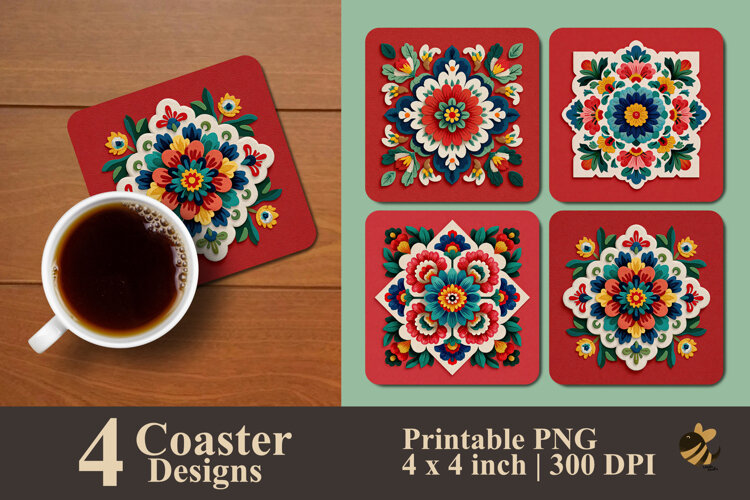 Floral Decoration Coaster Sublimation Design example image 1