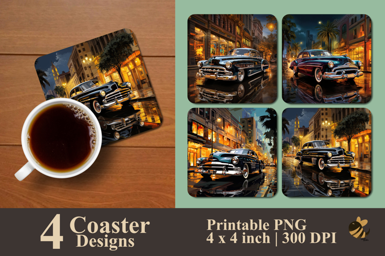 Downtown Retro Car Coaster Sublimation Design