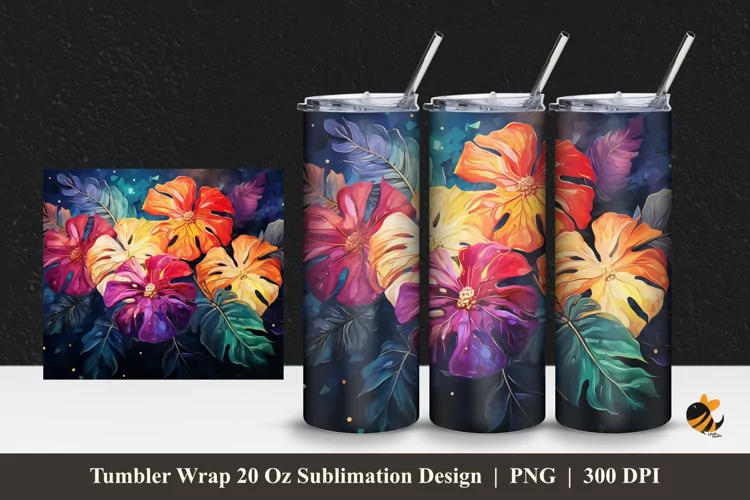 Monstera Colorful Tumbler Wrap Sublimation Design 1