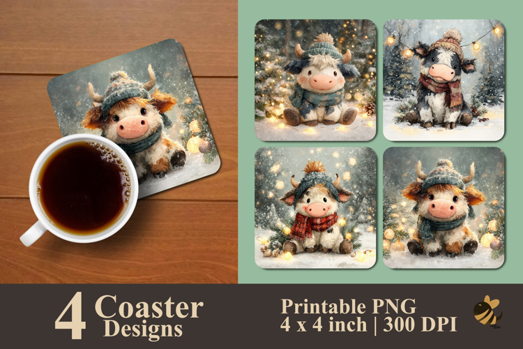Winter Highland Settle Cow Coaster Sublimation Design