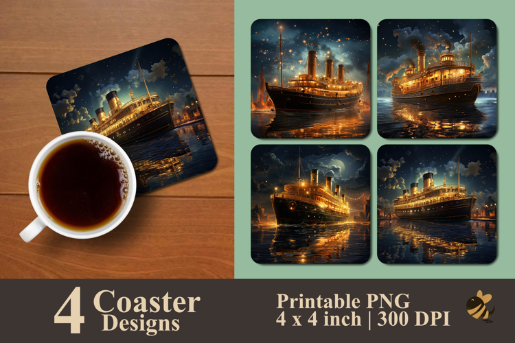 Golden Retro Steam Ship Coaster Sublimation Design