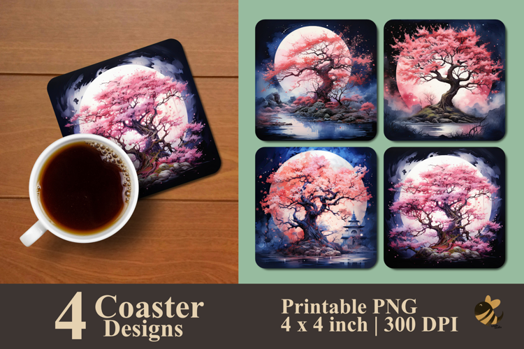 Pink Sakura And Moon Coaster Sublimation Design
