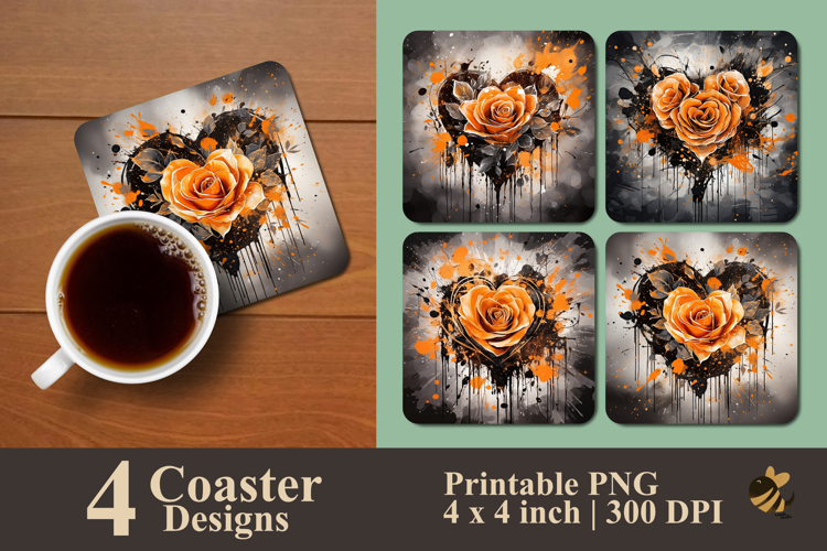 Orange Heart Rose Coaster Sublimation Design