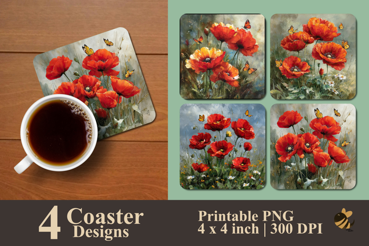 Watercolor Rustic Poppy Bloom Coaster Sublimation Design