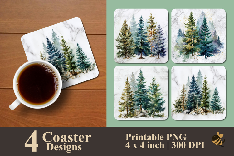 Watercolor Pine Trees Coaster Sublimation Design