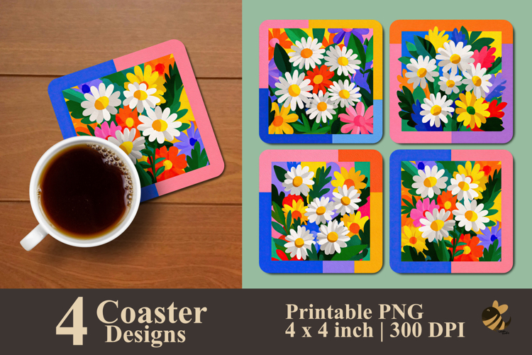 Colorful Abstract Daisy Flowers Coaster Sublimation Design
