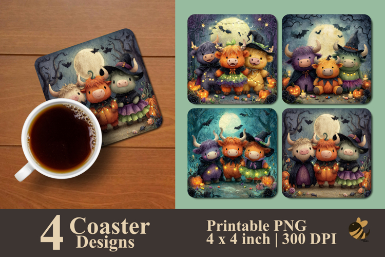 Halloween Highland Cow And Friend Coaster Sublimation Design