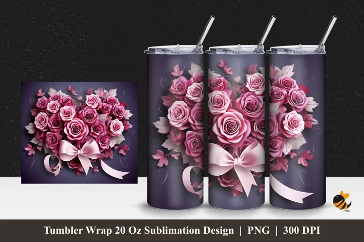 3D Fuchsia Roses Tumbler Wrap Sublimation Design 1