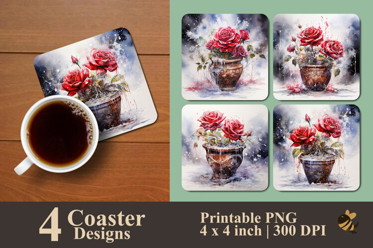 Rose And Pot Coaster Sublimation Design example image 1