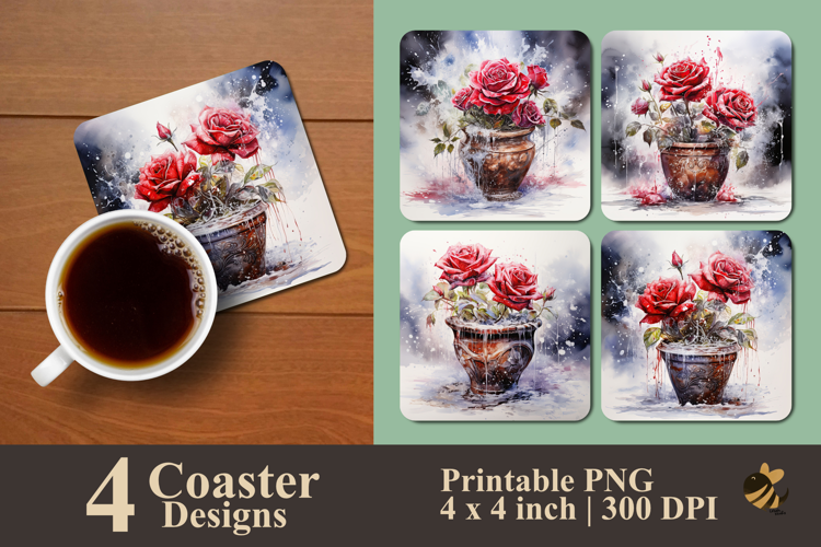 Rose And Pot Coaster Sublimation Design