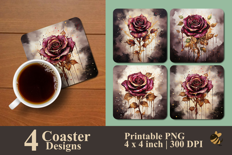 Gold Maroon Rose Coaster Sublimation Design