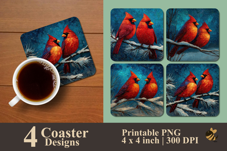 Red Cardinal On A Snow Branch Coaster Sublimation Design