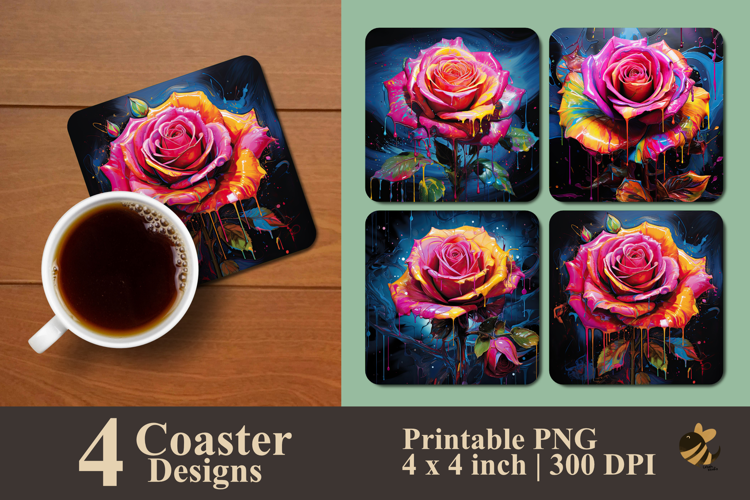 Rose Blooms With Ink Drops Coaster Sublimation Design