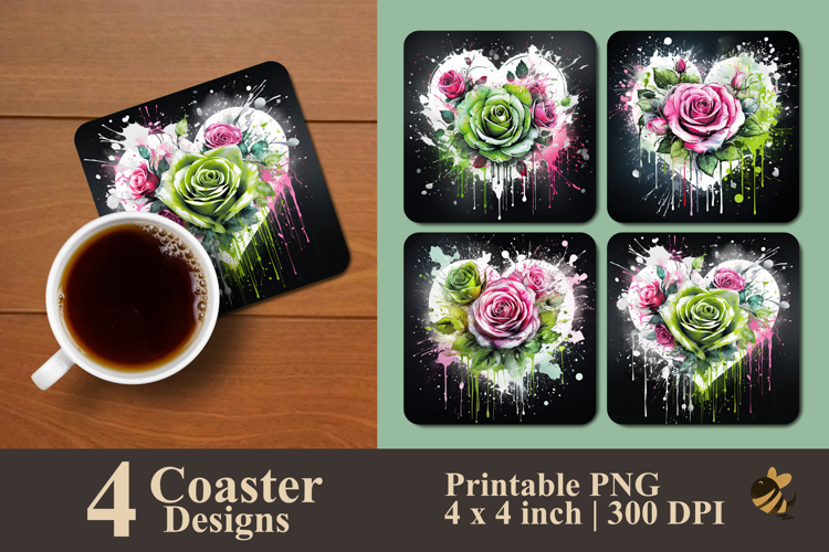 Painting Rose And Heart Coaster Sublimation Design