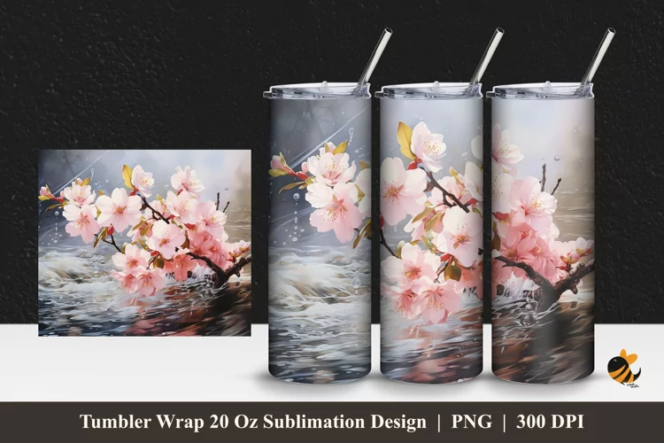 River Flower Tumbler Wrap Sublimation Design 1