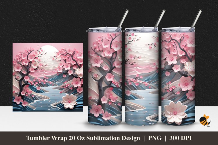 Nature River With Sakura Tumbler Wrap Sublimation Design 1 example image 1
