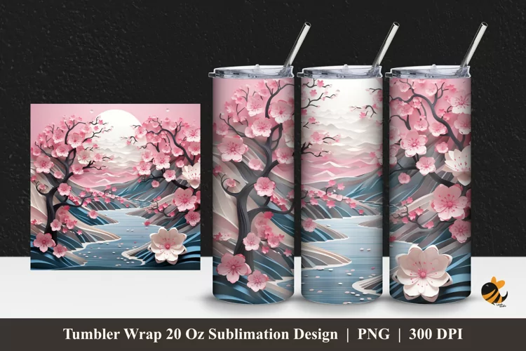 Nature River With Sakura Tumbler Wrap Sublimation Design 1