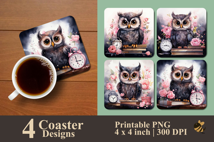 Cute Gray Owl Coaster Sublimation Design