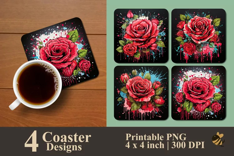 Rose With Splash Coaster Sublimation Designs