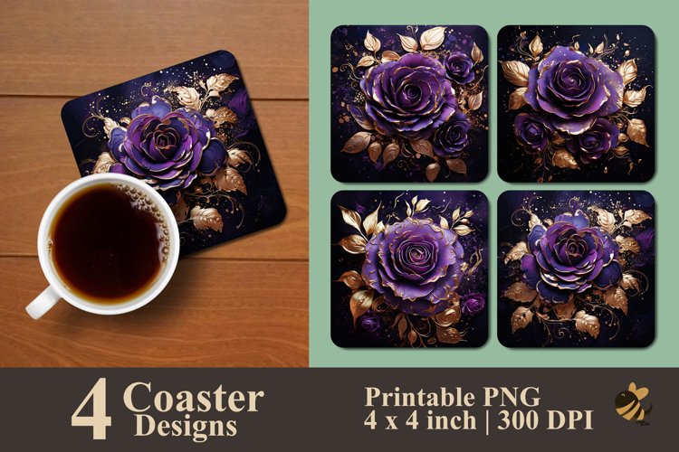 Golden Purple Rose Coaster Sublimation Designs example image 1