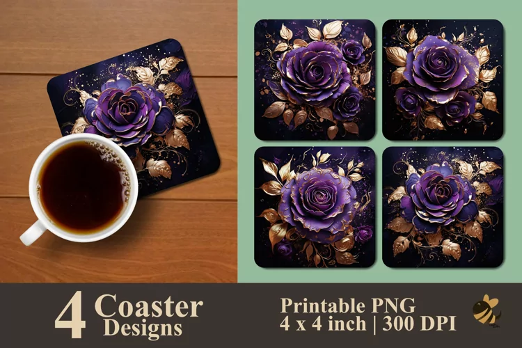 Golden Purple Rose Coaster Sublimation Designs