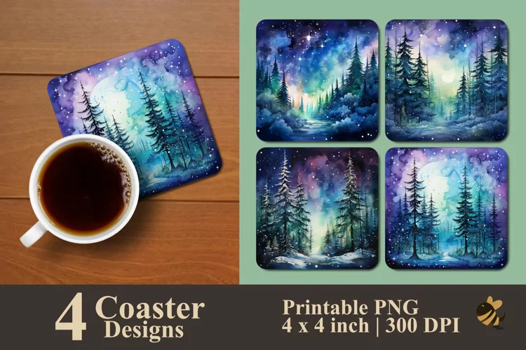 Starry Night In The Pine Forest Coaster Sublimation Designs