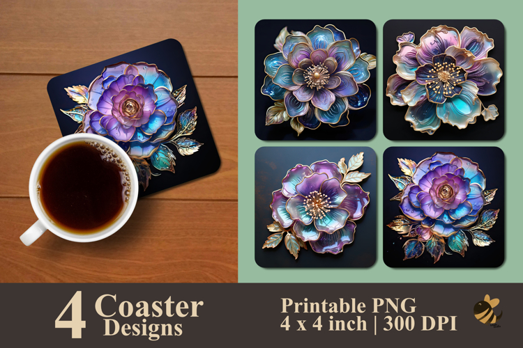 Aurora Metalic Flower Coaster Sublimation Design