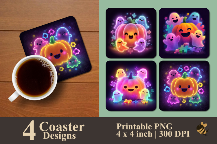 Cute Neon Halloween Coaster Sublimation Design