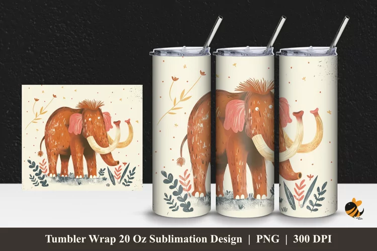 Handdrawn Mammoth Tumbler Wrap Sublimation Design 1
